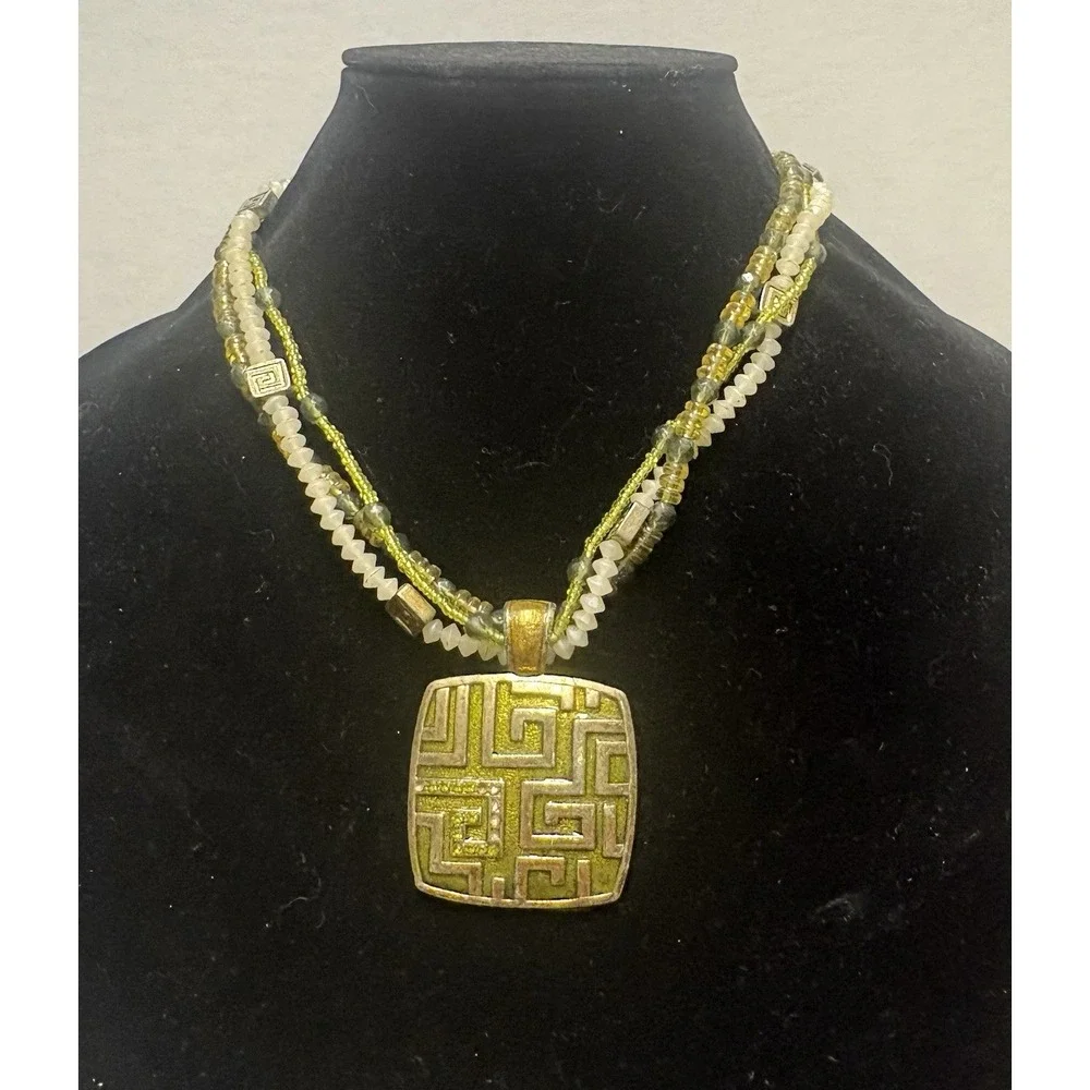 Necklace Big Square Pendant Silver Tone Micro‎ Beads Green White Beads Unique